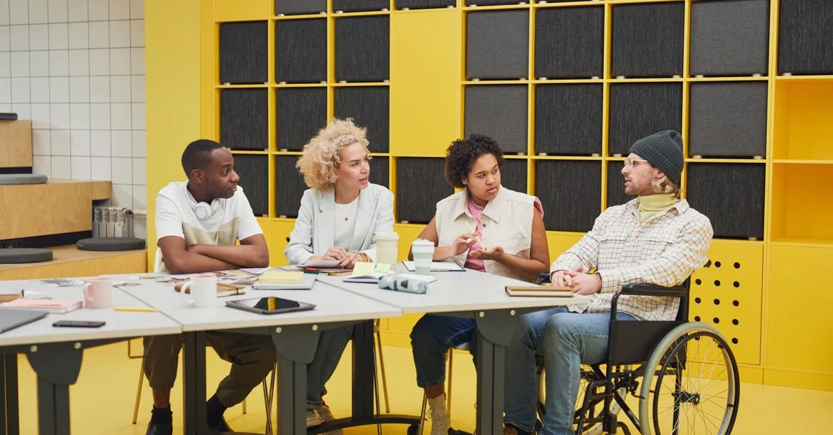 A diverse team having a collaborative meeting in a vibrant modern office setting.