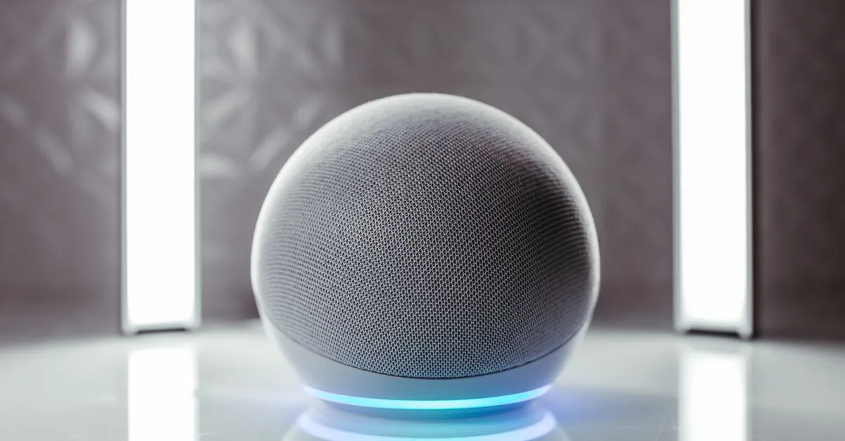 Close-up of a spherical smart speaker with illuminated base, perfect for modern interiors.