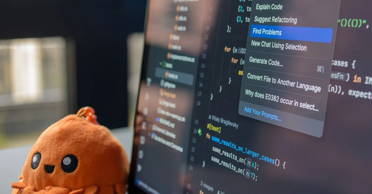 A laptop screen showing a code editor with a cute orange crab plush toy beside it.