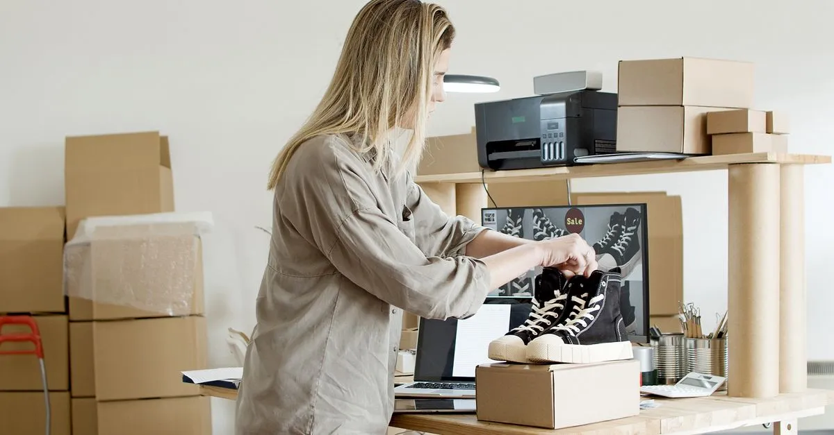 A store owner packing an online order into a box