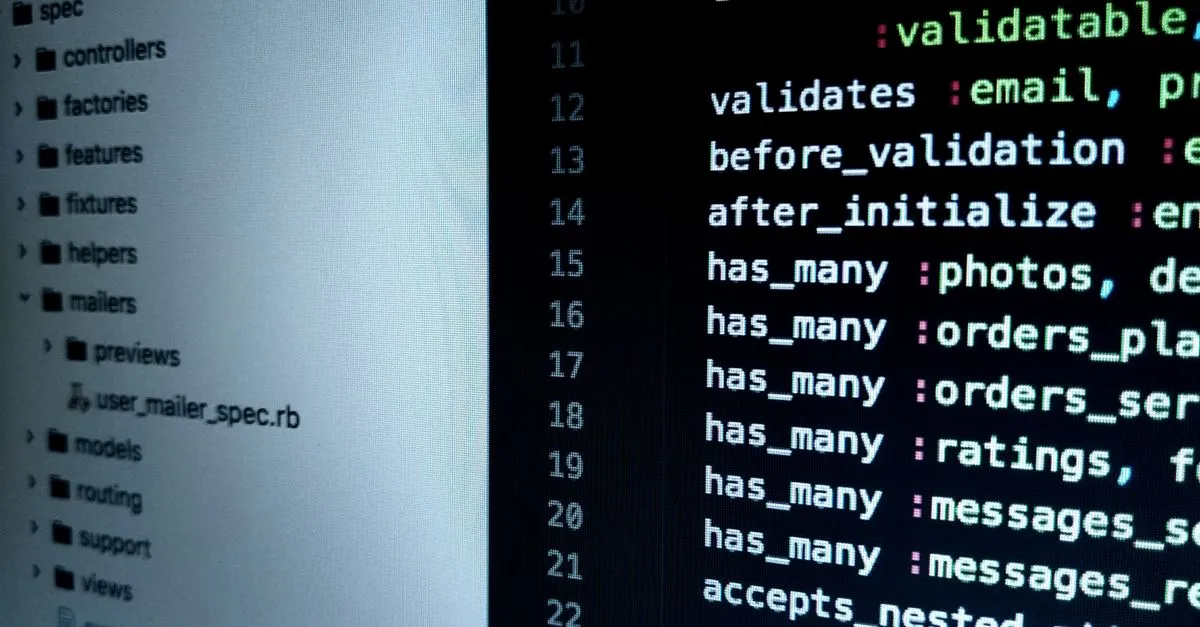 Detailed view of Ruby on Rails code highlighting software development intricacies.