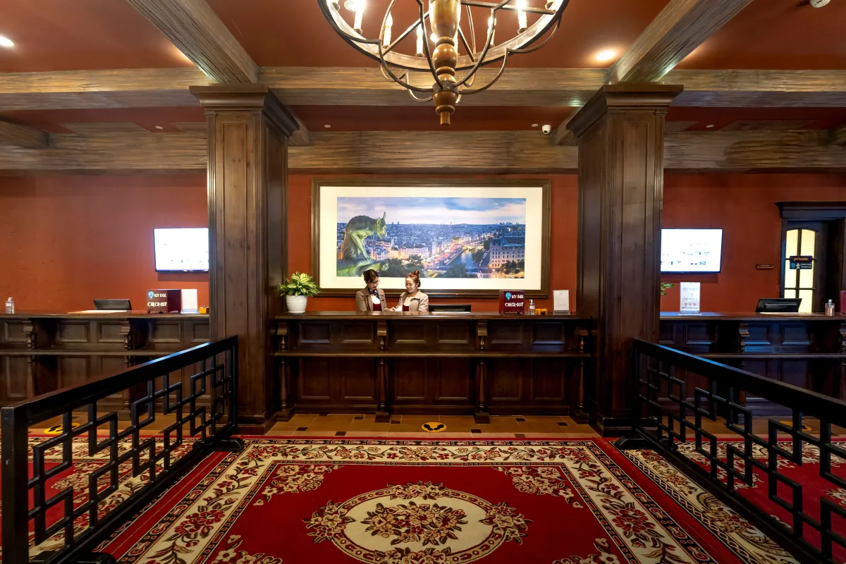Elegant hotel reception desk in a historic building
