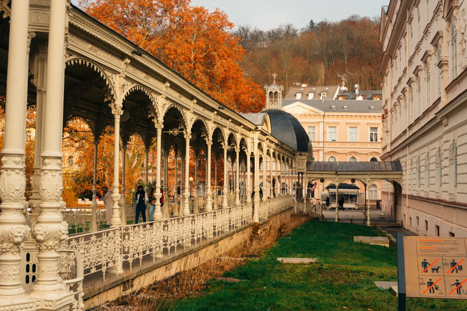 Colonnade of the Karlovy Vary spa town at dusk