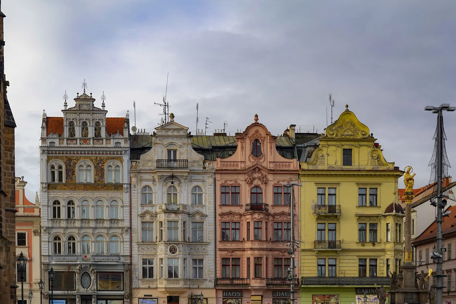 Colorful historic townhouses on Republic Square in Pilsen