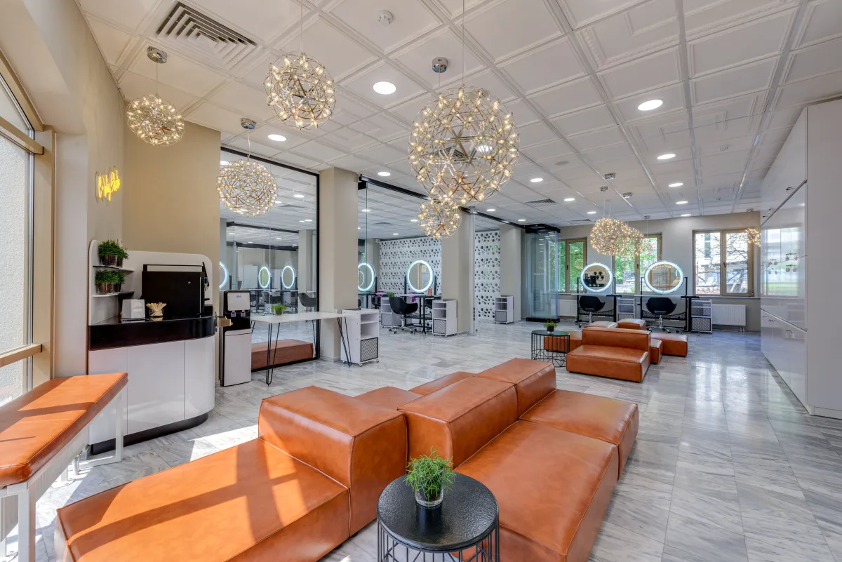 Clean auto service reception desk with waiting area